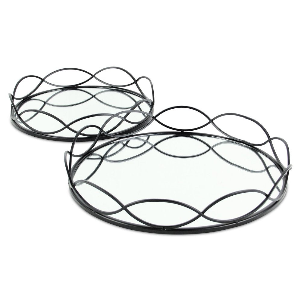 Set of Two Black And Silver Metal And Mirrored Glass Round Vanity Trays