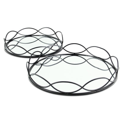 Set of Two Black And Silver Metal And Mirrored Glass Round Vanity Trays