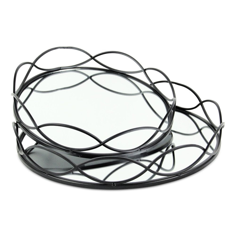 Set of Two Black And Silver Metal And Mirrored Glass Round Vanity Trays