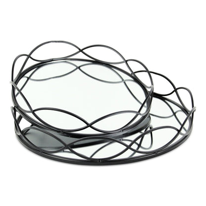 Set of Two Black And Silver Metal And Mirrored Glass Round Vanity Trays