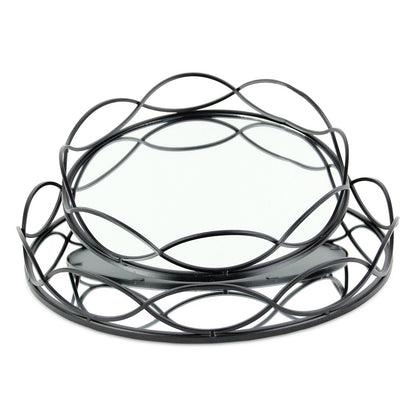 Set of Two Black And Silver Metal And Mirrored Glass Round Vanity Trays