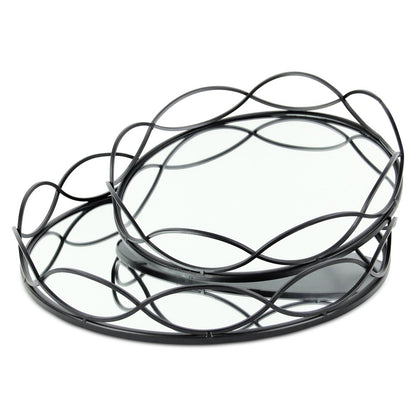 Set of Two Black And Silver Metal And Mirrored Glass Round Vanity Trays