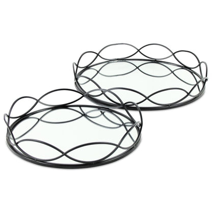 Set of Two Black And Silver Metal And Mirrored Glass Round Vanity Trays