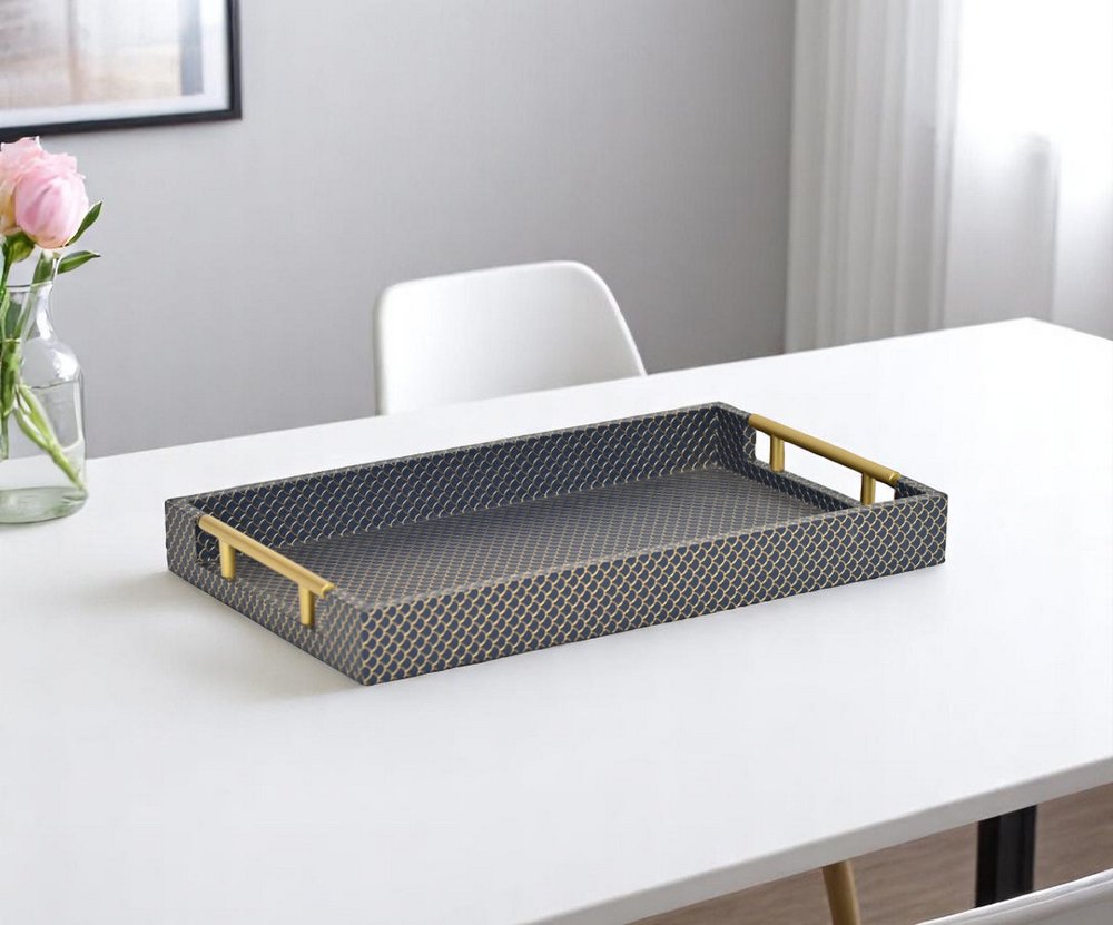 16" Blue And Gold Geometric Handmade Serving Tray