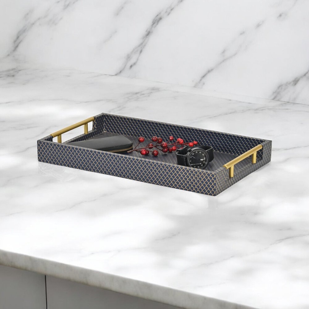 16" Blue And Gold Geometric Handmade Serving Tray