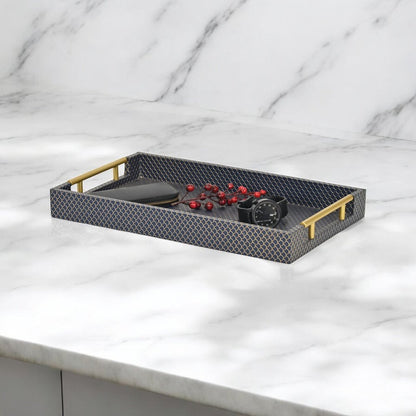 16" Blue And Gold Geometric Handmade Serving Tray