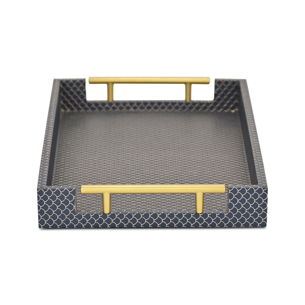 16" Blue And Gold Geometric Handmade Serving Tray