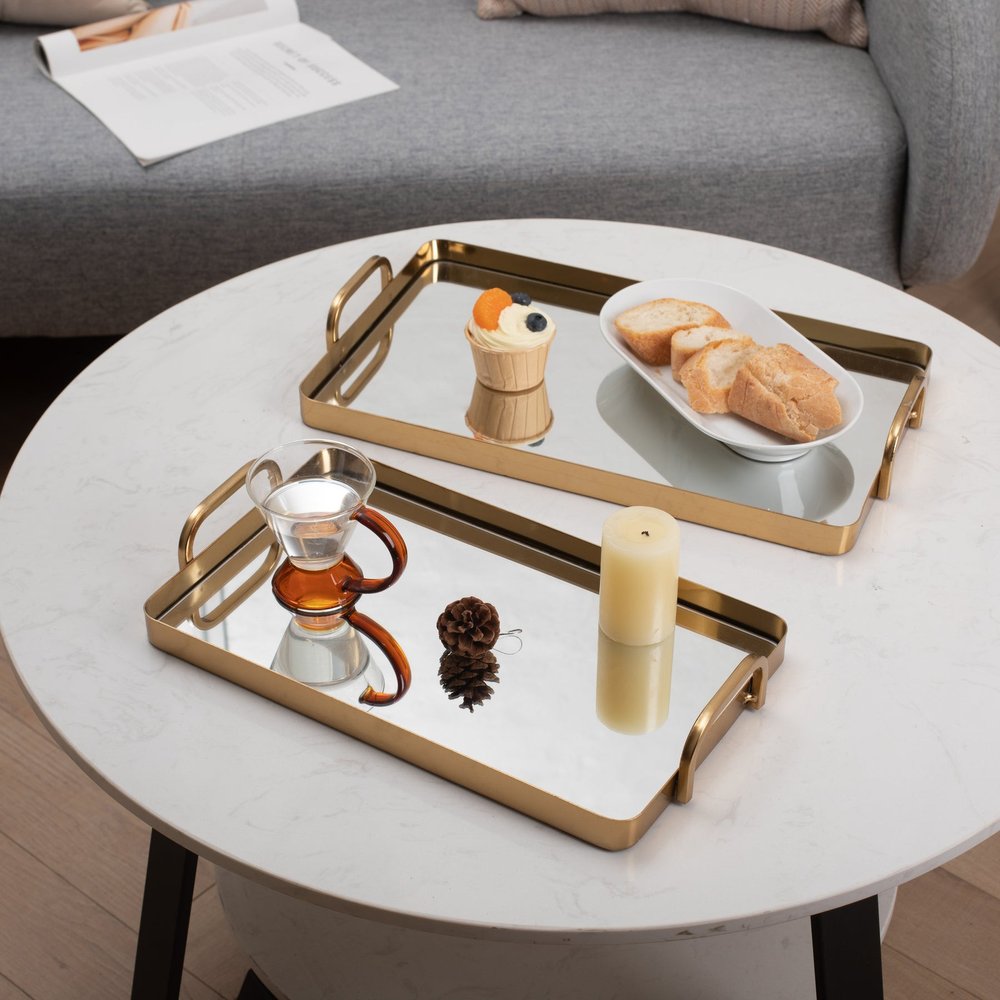 Set of Two Gold And Mirrored Glass Handmade Serving Trays
