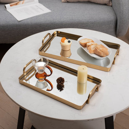 Set of Two Gold And Mirrored Glass Handmade Serving Trays