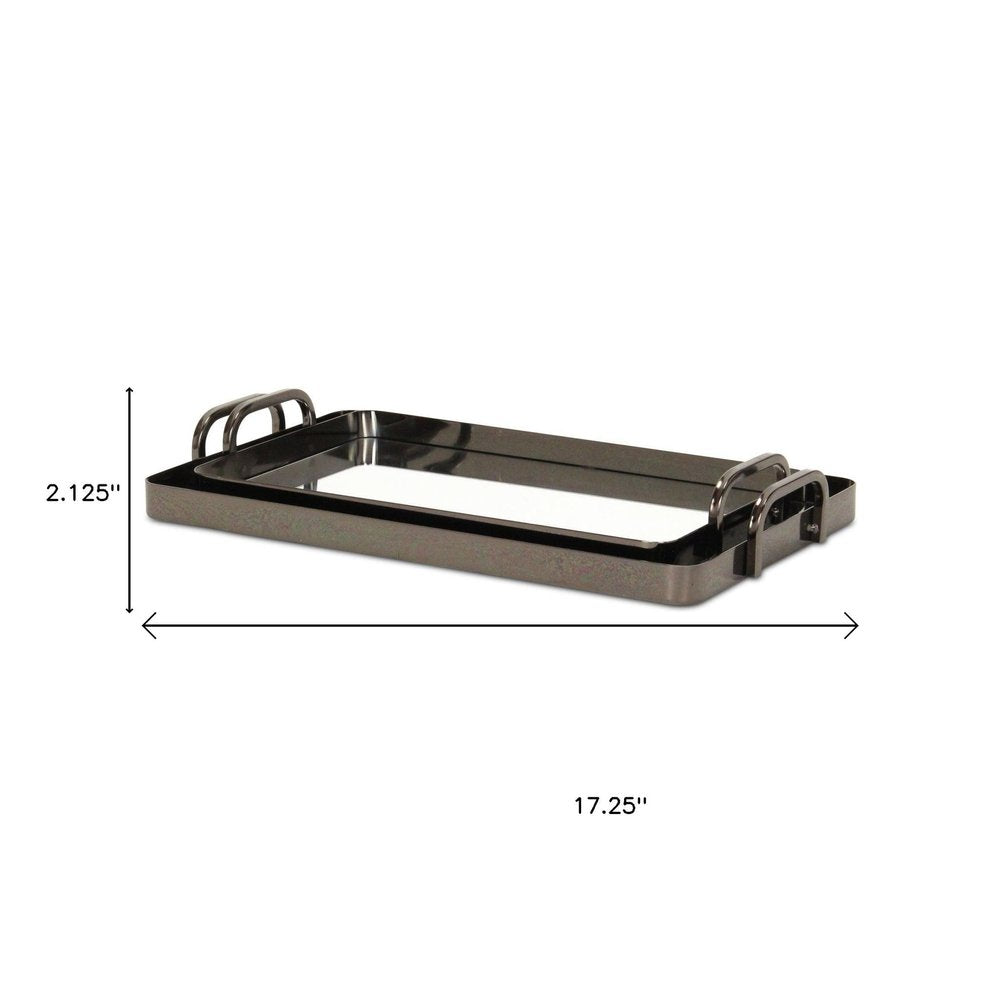 Set of Two Pewter Aluminum And Mirrored Glass Handmade Serving Trays