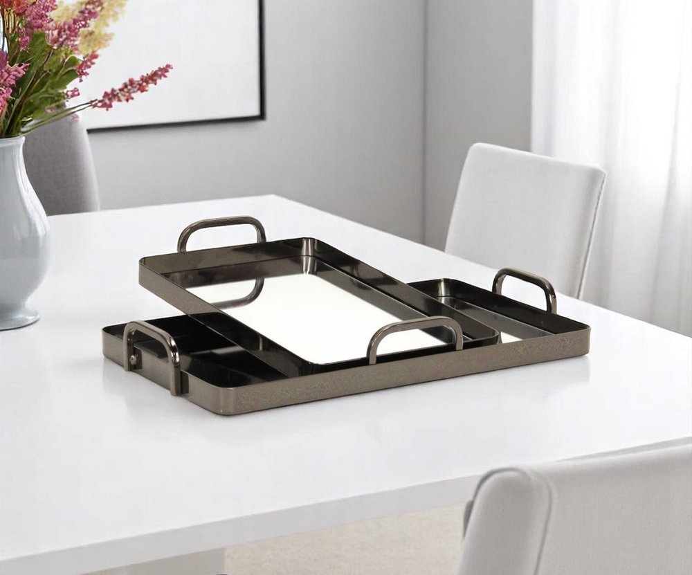 Set of Two Pewter Aluminum And Mirrored Glass Handmade Serving Trays