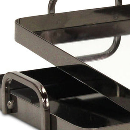 Set of Two Pewter Aluminum And Mirrored Glass Handmade Serving Trays