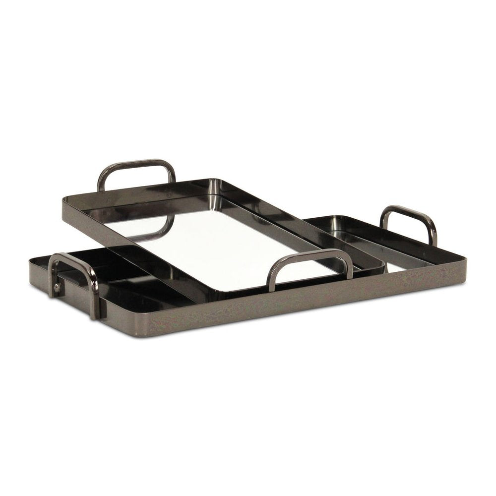 Set of Two Pewter Aluminum And Mirrored Glass Handmade Serving Trays