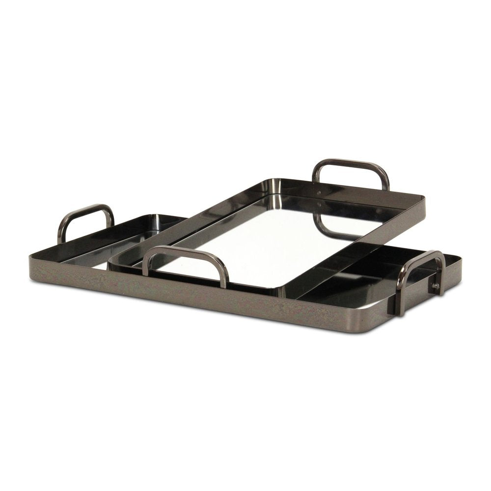 Set of Two Pewter Aluminum And Mirrored Glass Handmade Serving Trays
