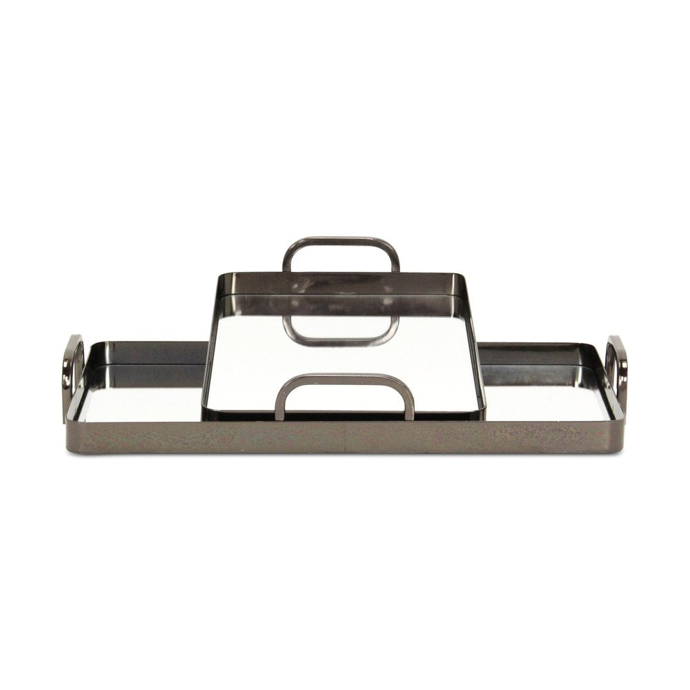 Set of Two Pewter Aluminum And Mirrored Glass Handmade Serving Trays