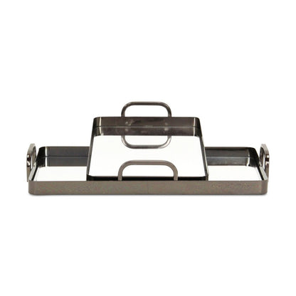 Set of Two Pewter Aluminum And Mirrored Glass Handmade Serving Trays