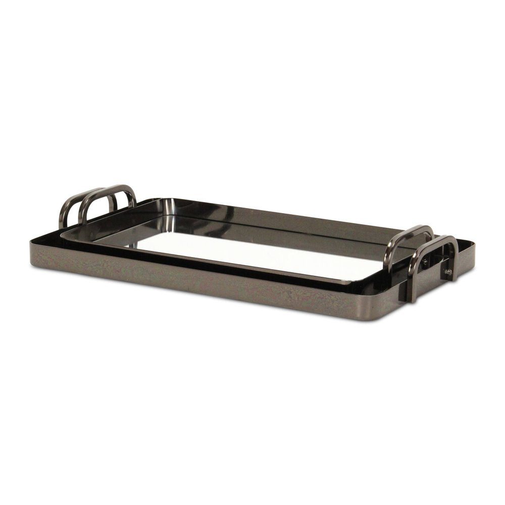 Set of Two Pewter Aluminum And Mirrored Glass Handmade Serving Trays