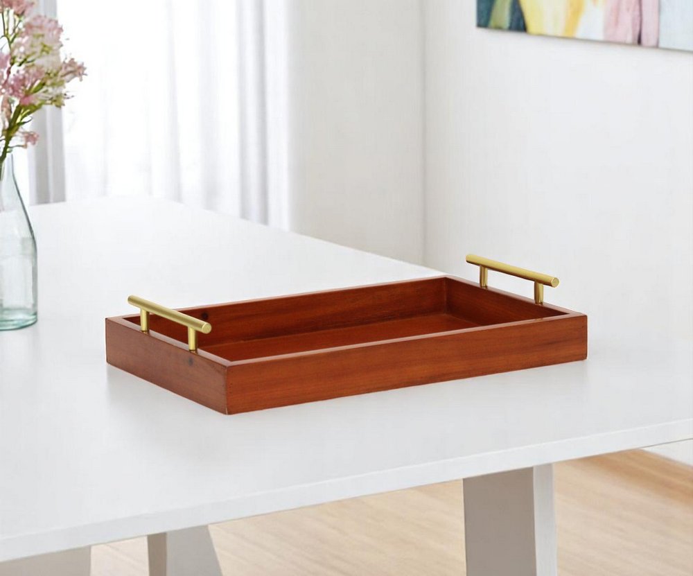 16" Brown And Gold Solid Wood Handmade Serving Tray With Handles