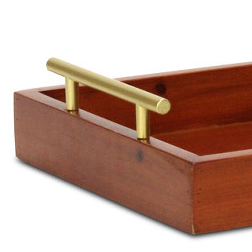 16" Brown And Gold Solid Wood Handmade Serving Tray With Handles