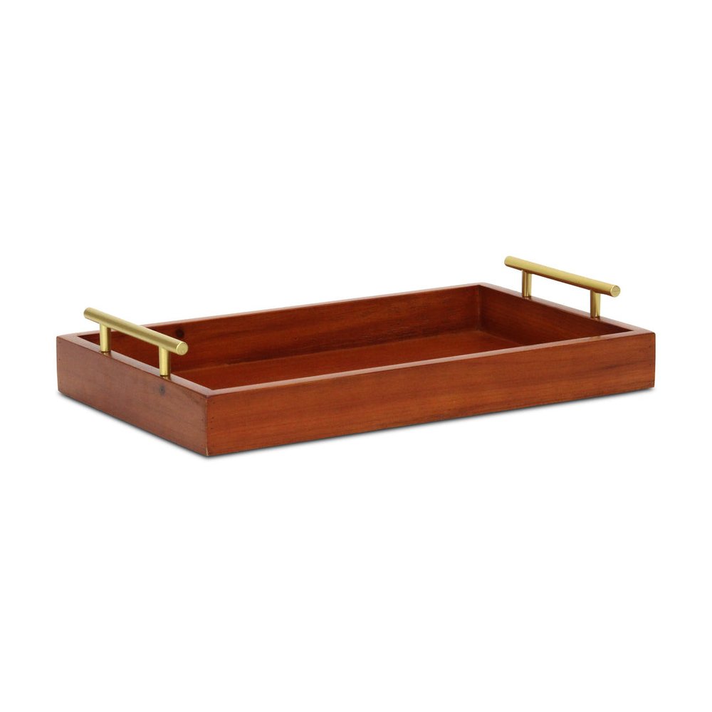 16" Brown And Gold Solid Wood Handmade Serving Tray With Handles