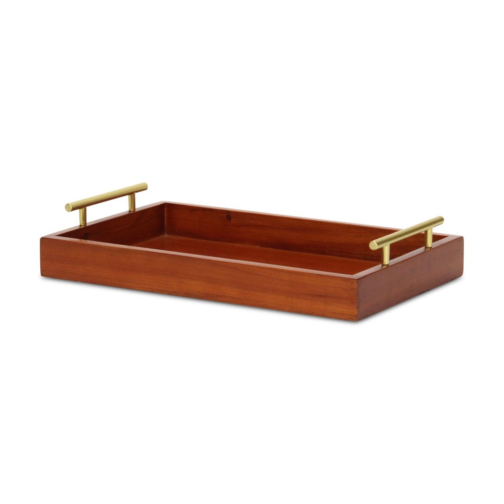 16" Brown And Gold Solid Wood Handmade Serving Tray With Handles