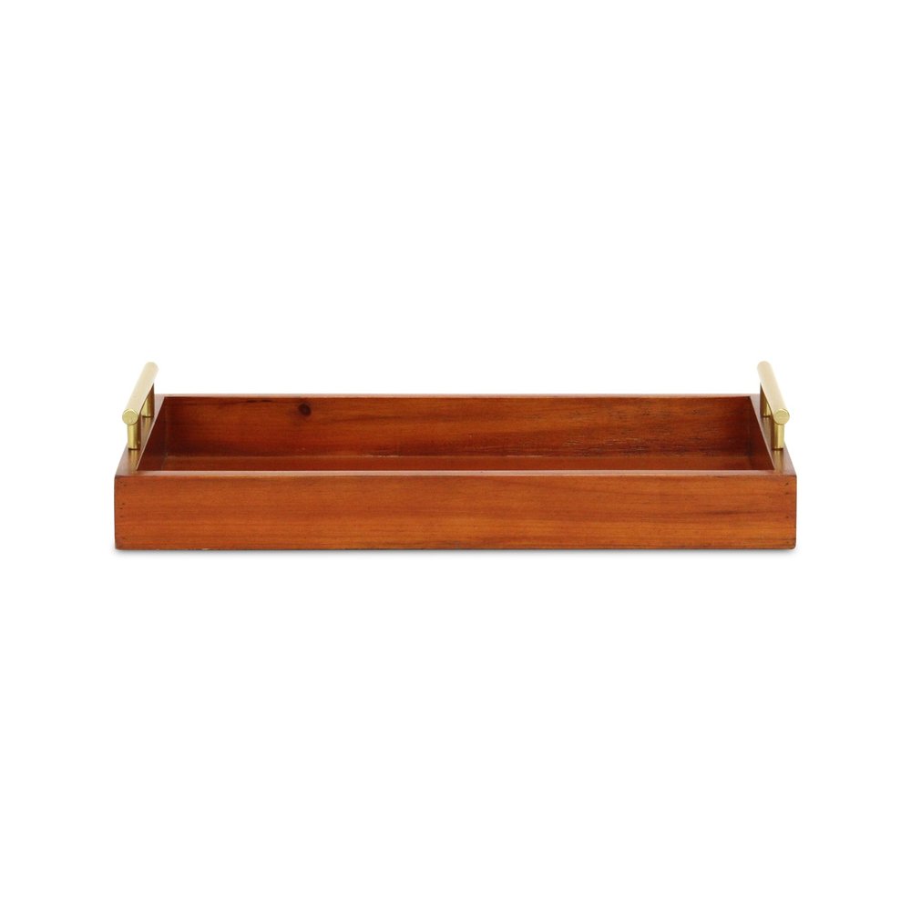 16" Brown And Gold Solid Wood Handmade Serving Tray With Handles