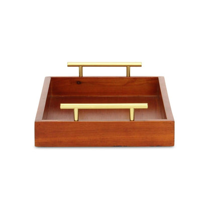 16" Brown And Gold Solid Wood Handmade Serving Tray With Handles
