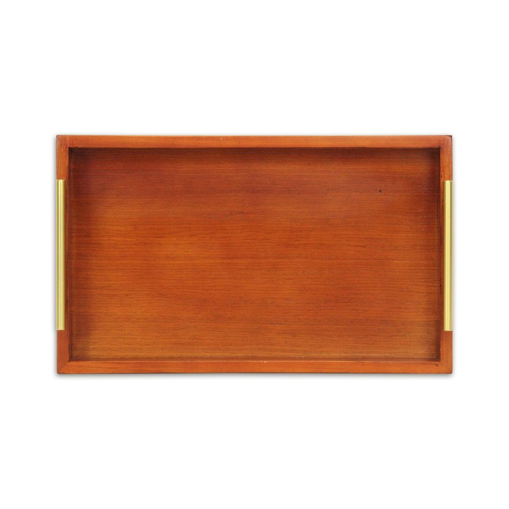 16" Brown And Gold Solid Wood Handmade Serving Tray With Handles