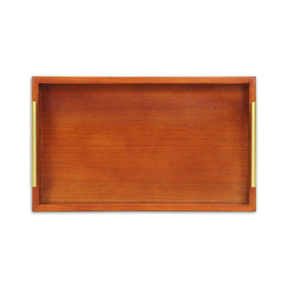 16" Brown And Gold Solid Wood Handmade Serving Tray With Handles
