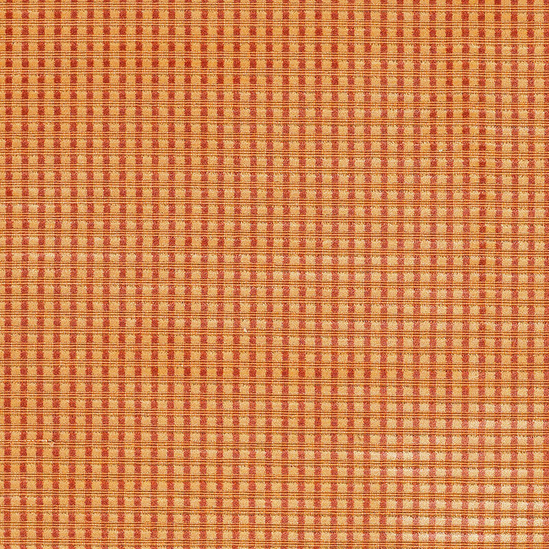 Orange and beige gingham woven fabric texture with small square pattern; warm rustic textile for shirts or table linens.