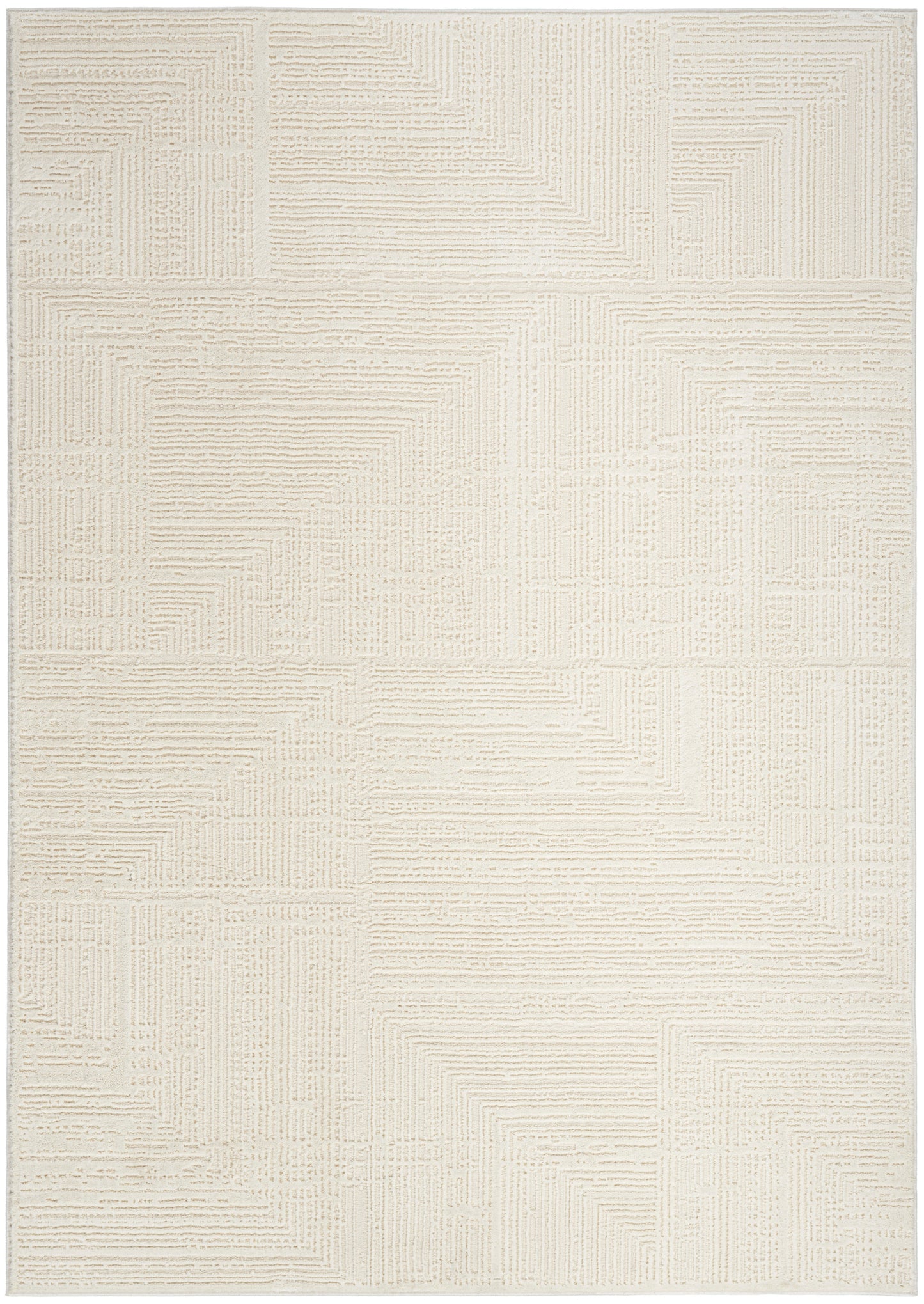 Cream textured area rug with raised geometric line blocks in varying directions; rectangular, neutral decor.