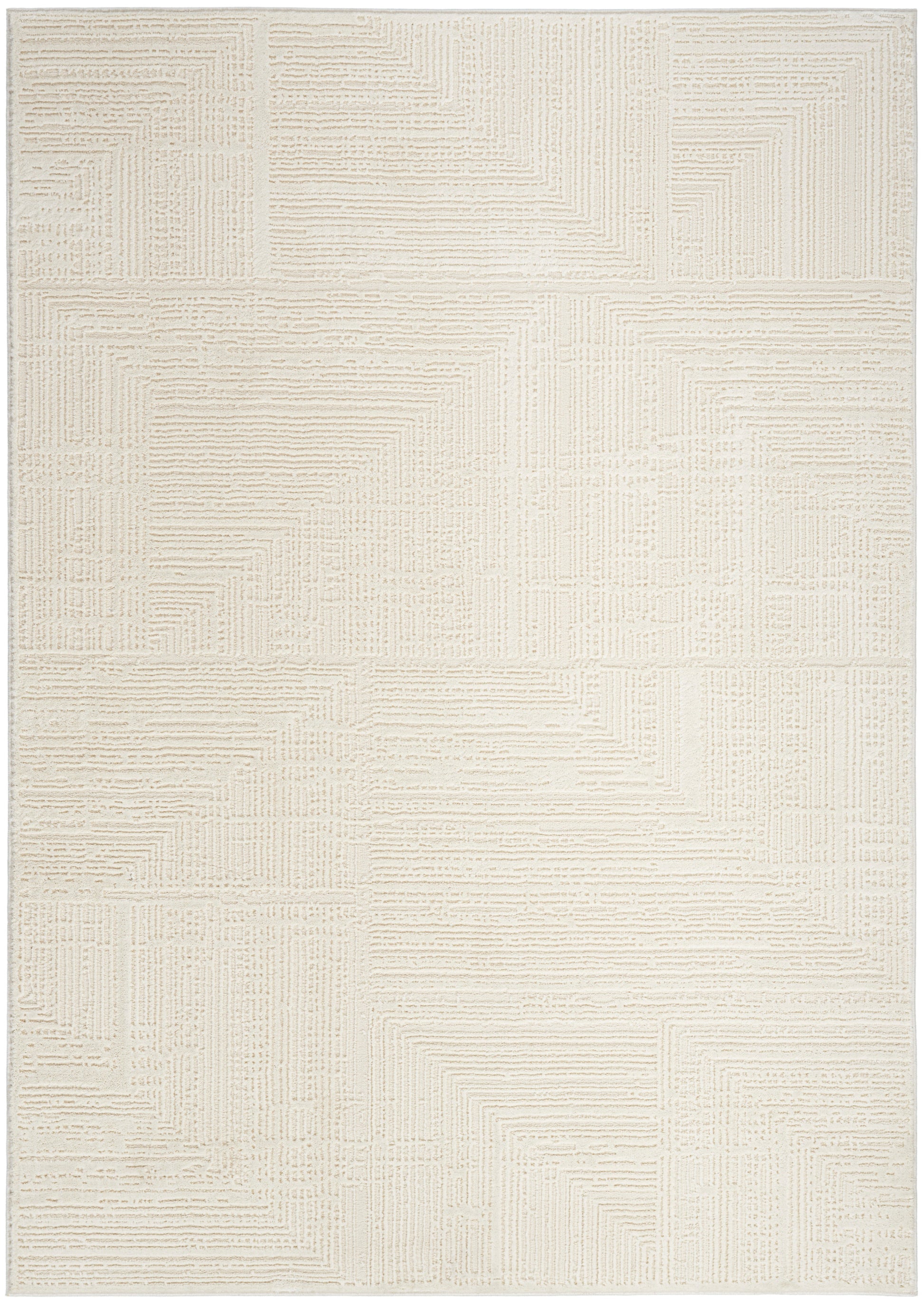 Cream textured area rug with raised geometric line blocks in varying directions; rectangular, neutral decor.