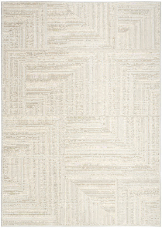 Cream textured area rug with raised geometric line blocks in varying directions; rectangular, neutral decor.