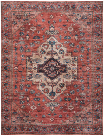 Distressed red Persian-style rug with ivory central medallion, blue floral accents and ornate border.