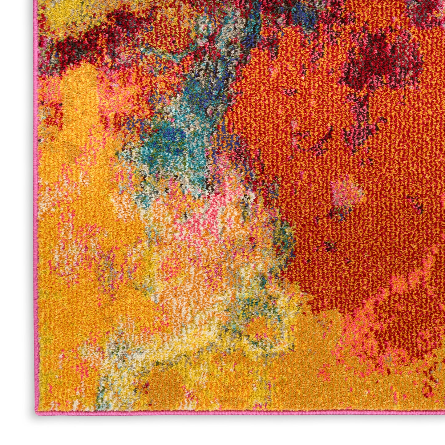 Vibrant abstract area rug with tufted pile in yellow, orange, red, pink, teal and blue hues.