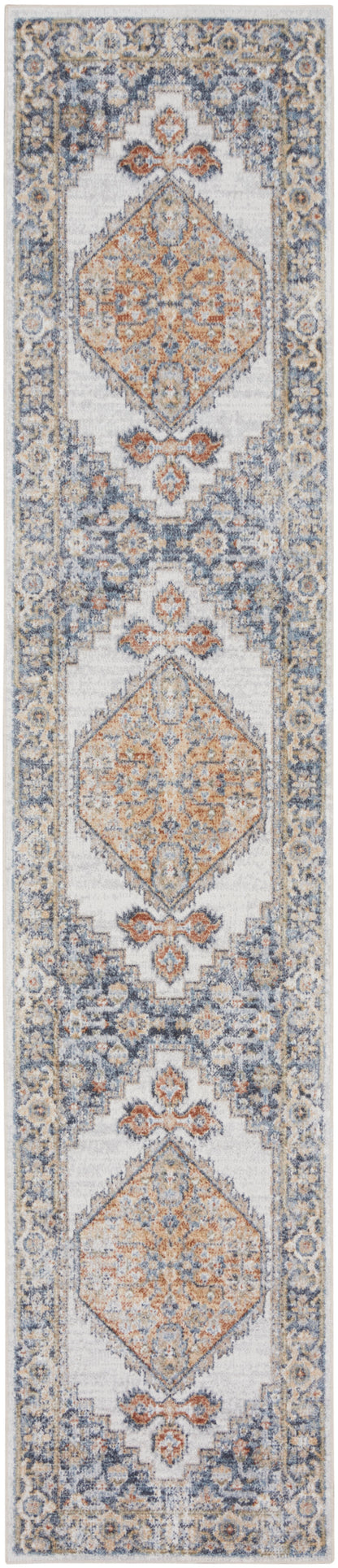 Persian-style runner rug with repeating peach diamond medallions, blue and cream floral border; decorative hallway accent.