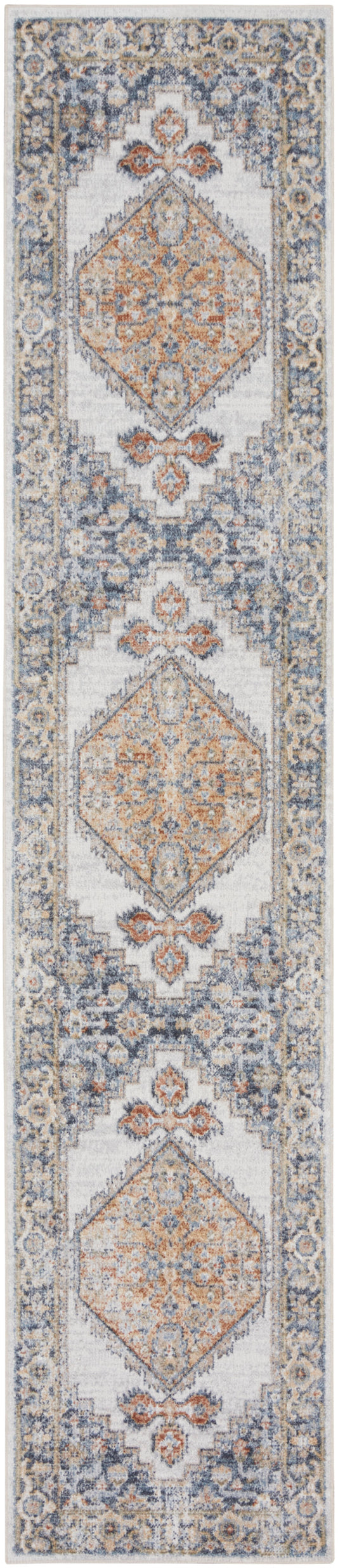 Persian-style runner rug with repeating peach diamond medallions, blue and cream floral border; decorative hallway accent.