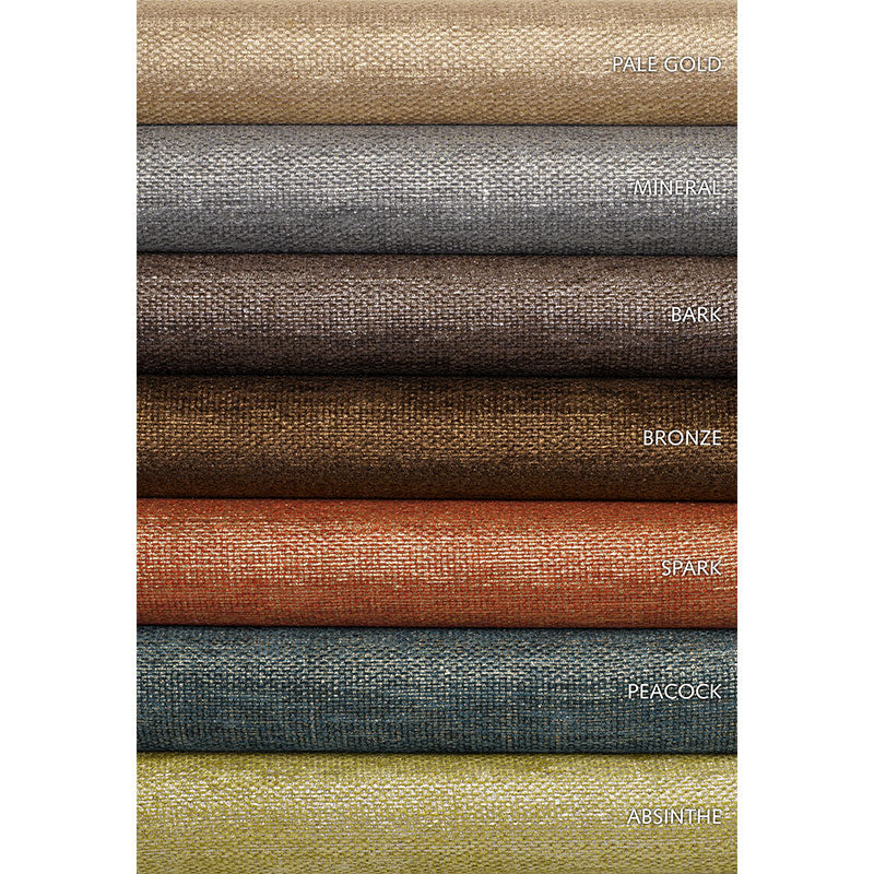 Stacked woven fabric swatches in pale gold, mineral gray, bark brown, bronze, spark copper, peacock blue, absinthe green.