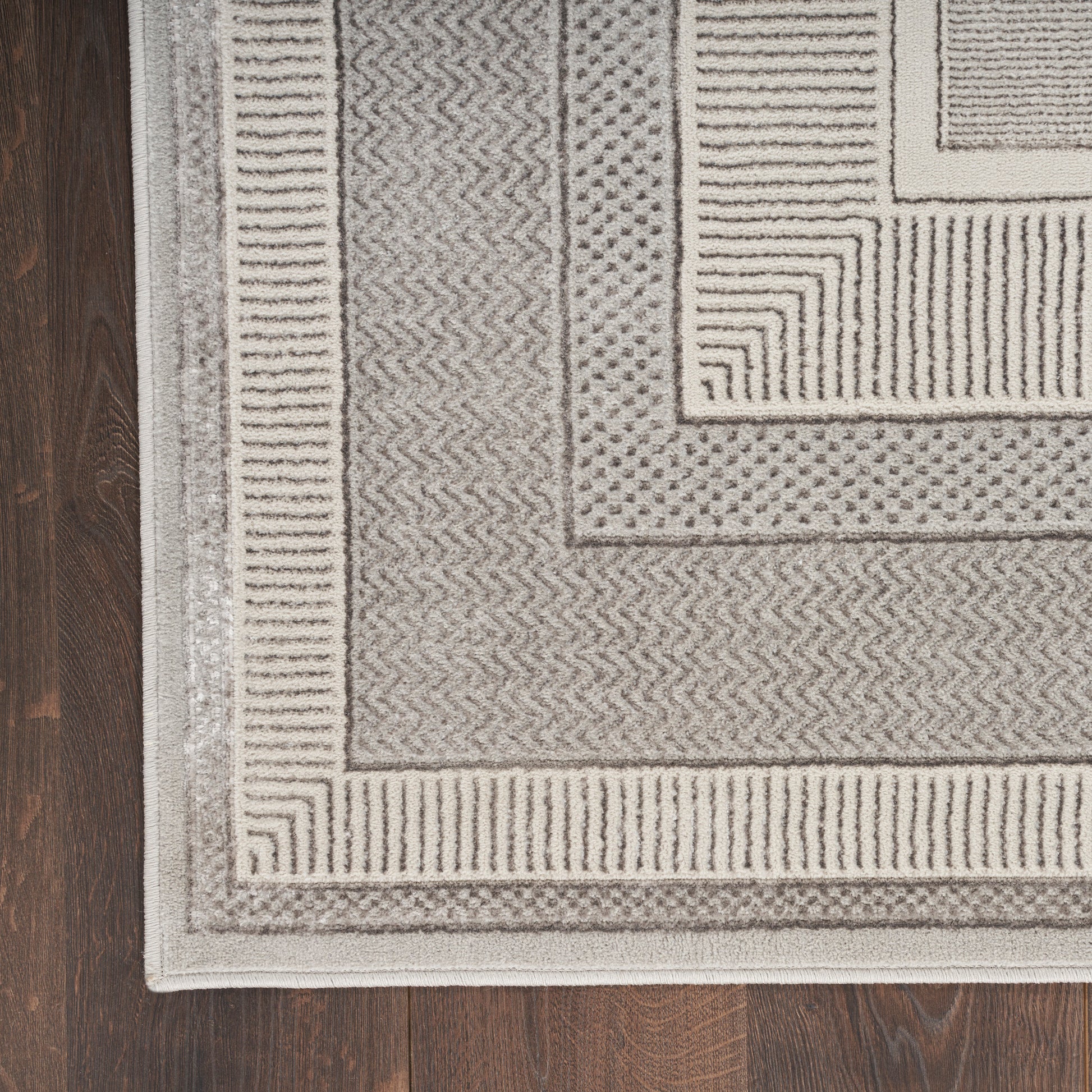 Rectangular neutral area rug in gray and cream with layered borders, chevron and dot textures on dark wood floor.