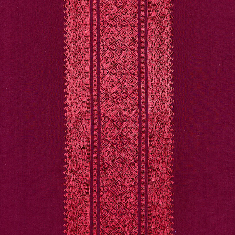 Deep magenta mulberry saree with a central pink embroidered lattice stripe flanked by floral borders.