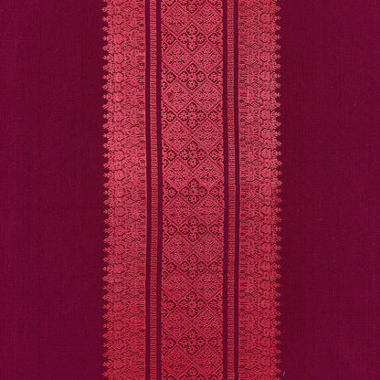 Deep magenta mulberry saree with a central pink embroidered lattice stripe flanked by floral borders.