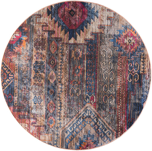 Round boho kilim rug with geometric tribal motifs in navy, red, beige and blue.