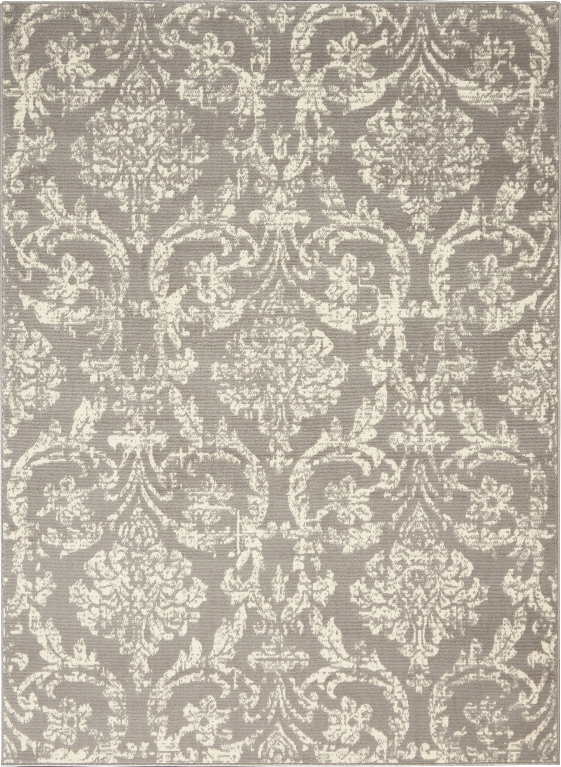 Taupe rectangular rug with cream damask pattern, ornate vintage-style decor rug for living room or entryway.