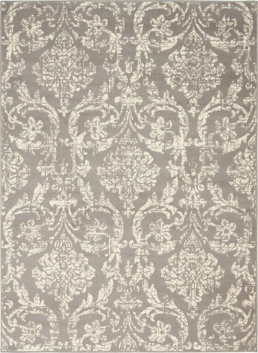 Taupe rectangular rug with cream damask pattern, ornate vintage-style decor rug for living room or entryway.