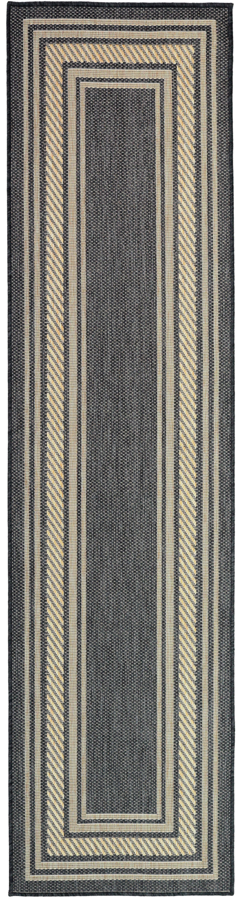 Navy & beige woven runner rug with concentric rectangular borders & a diagonal striped outer edge.