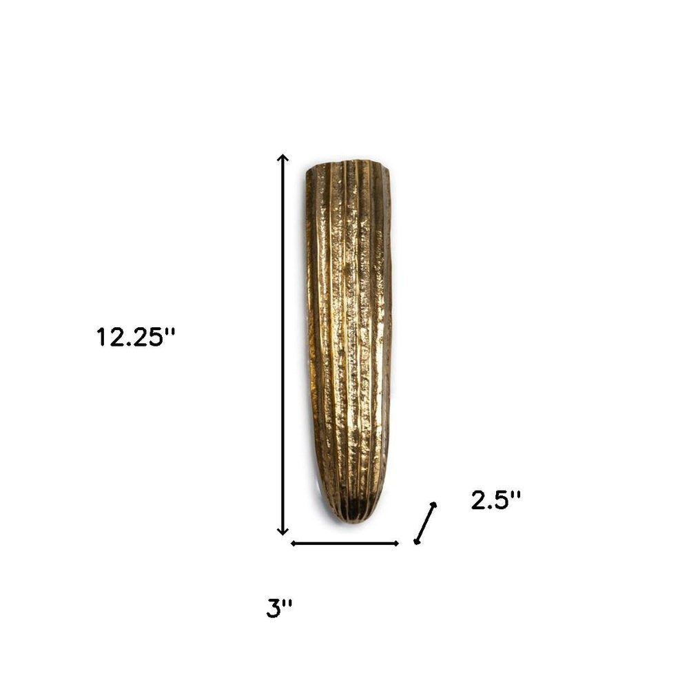 12" Antiqued Gold Ribbed Aluminum Wall Vase