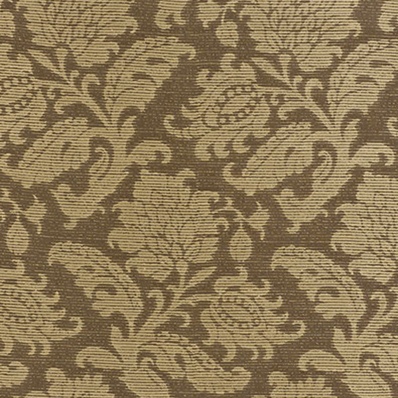 Brown and beige damask textile with intricate floral scroll pattern, jacquard weave.