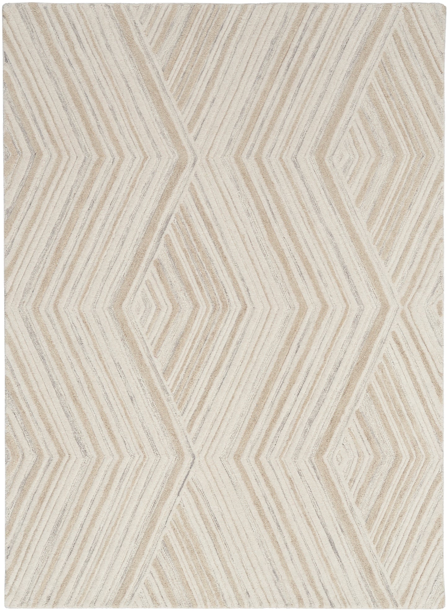 Beige cream geometric area rug with concentric diamond and chevron pattern; soft textured pile.