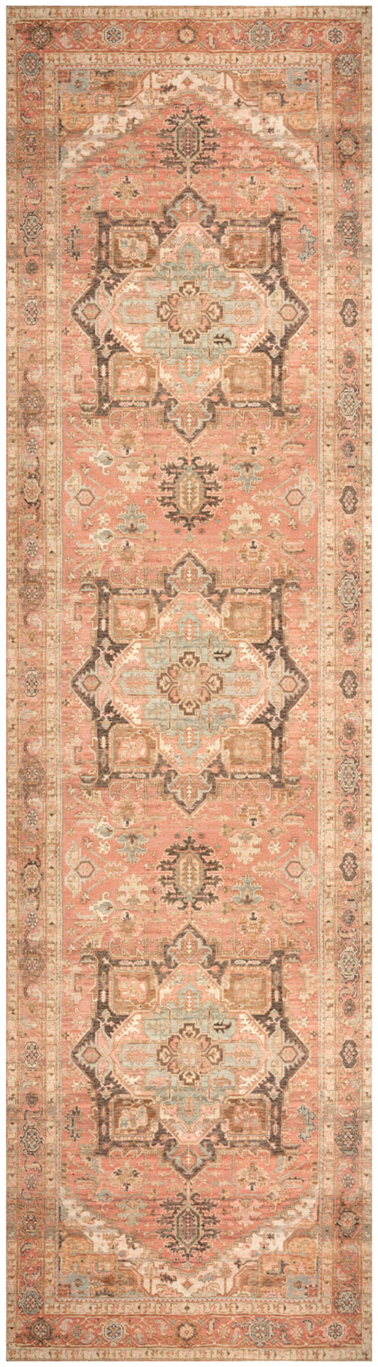 Long narrow Persian-style runner rug in peach with repeating dark gray geometric medallions, ivory accents, and ornate borders.