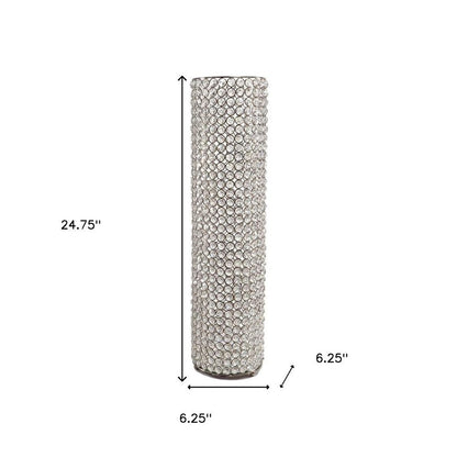 25" Clear And Silver Faux Crystal And Metal Table Vase